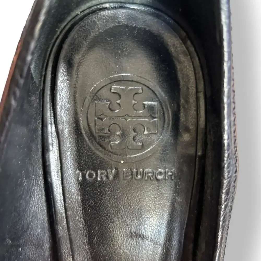 Tory Burch Sally Black‎ Pebbled Leather Wedge Peep Toe Pumps Gold Medallion Logo